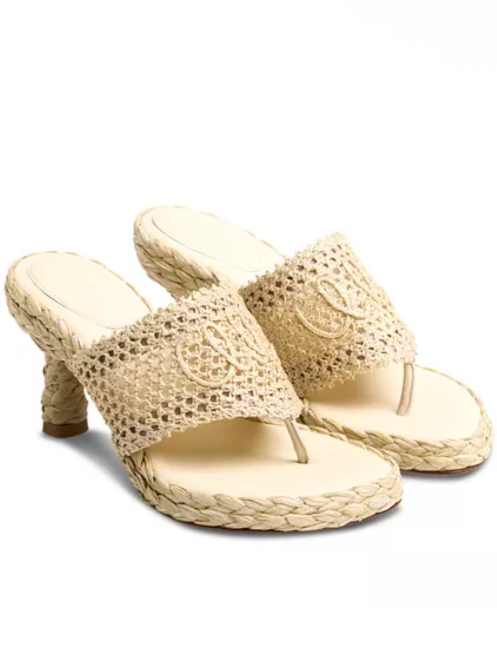 CHLOÉ Isla Raffia Woven Logo Cursive Heeled Braided Sandal Natural Size 38